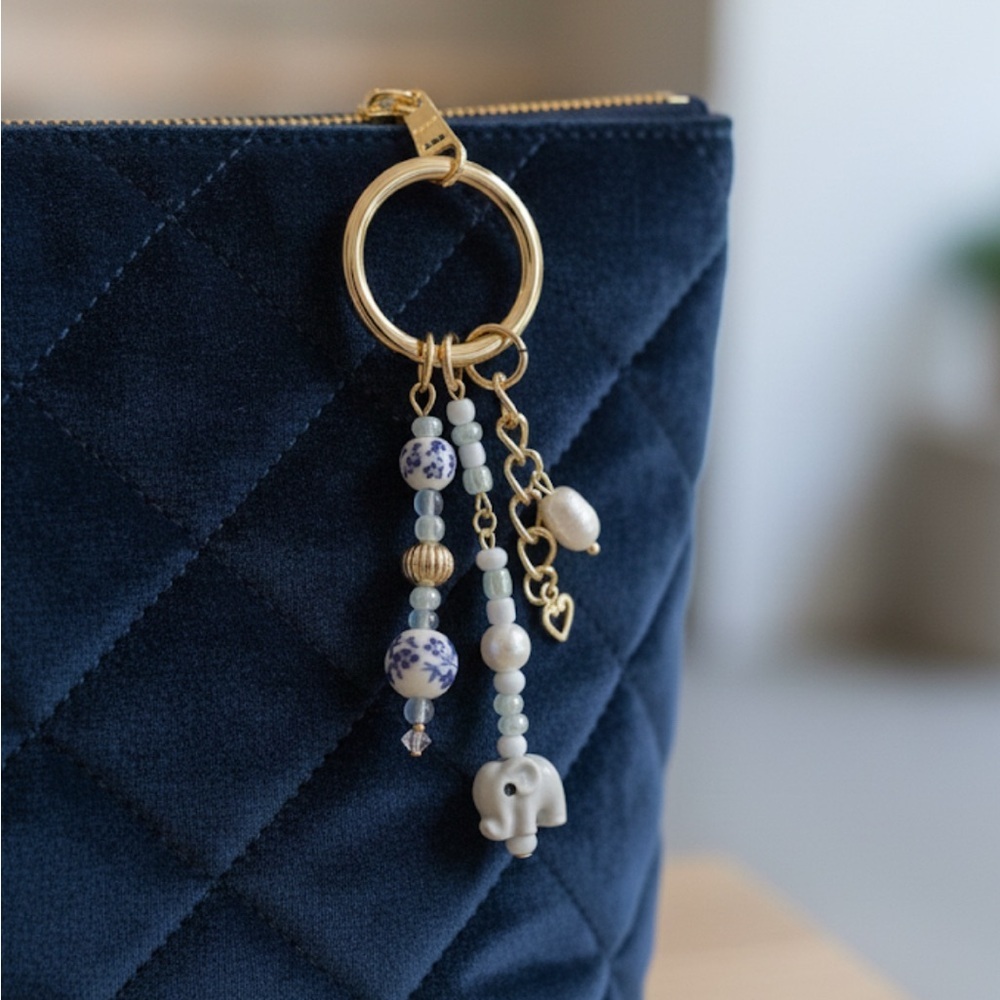 Gold and Blue Beaded Elephant Bag Charm Keychain with Pearl Detail